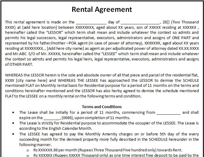 Lease Rental Agreement Redford & Livonia Michigan